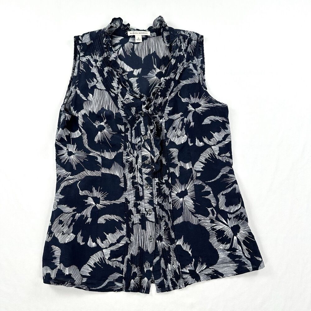 Banana Republic Floral Top Womens 8 Blue Cotton Silk Blouse Sleeveless Ruffles